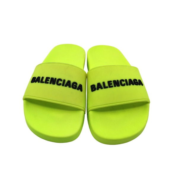 C0 Auth BALENCIAGA Logo Rubber Pool Slides Flip Flops Neon Green Womens US 6 - Picture 2 of 6
